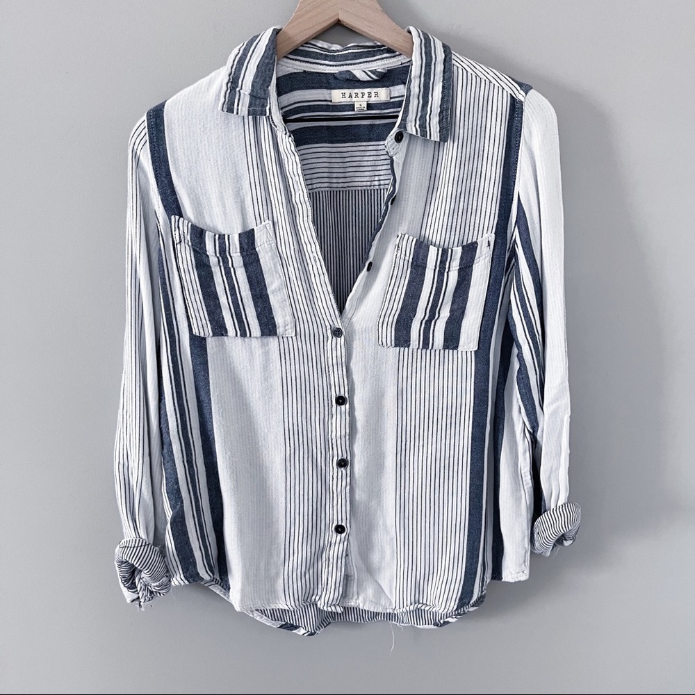 blue and white costal button down